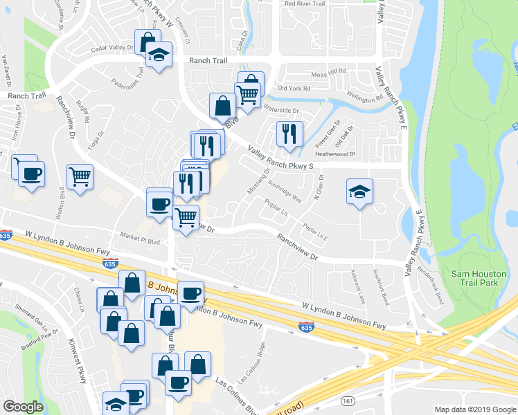 map of restaurants, bars, coffee shops, grocery stores, and more near 8119 Persimmon Street in Irving