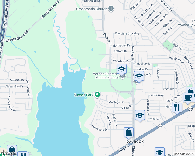 map of restaurants, bars, coffee shops, grocery stores, and more near 6829 Chiesa Road in Rowlett