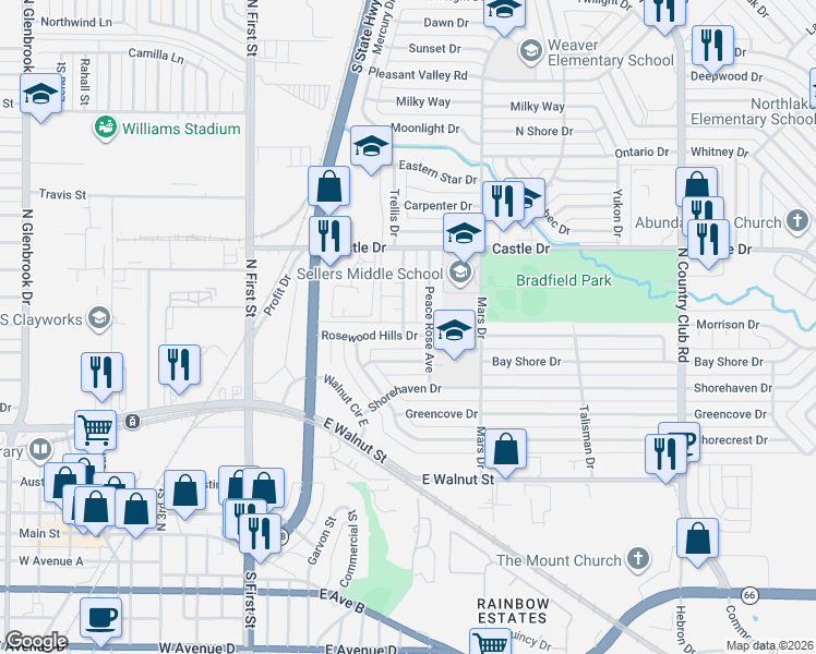 map of restaurants, bars, coffee shops, grocery stores, and more near 510 Rosewood Hills Drive in Garland