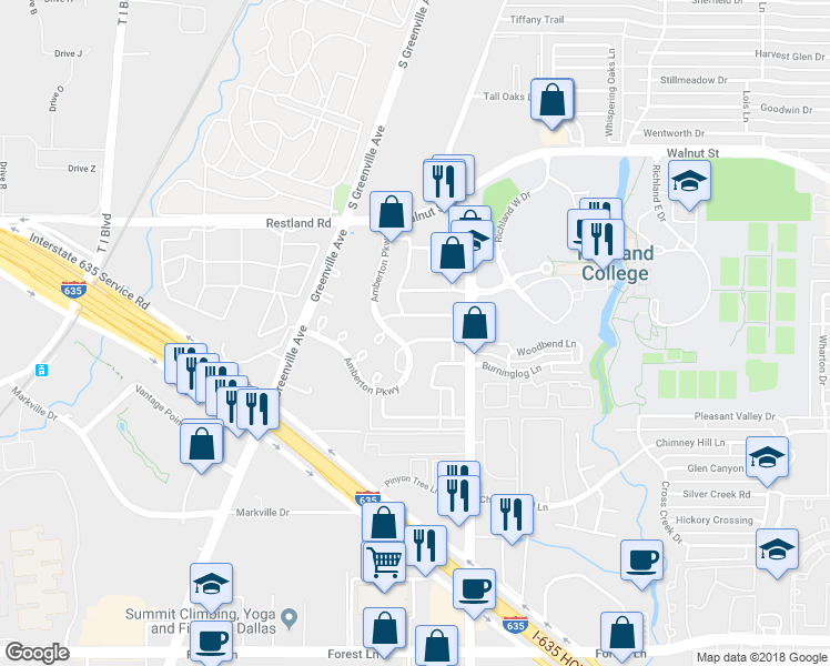 map of restaurants, bars, coffee shops, grocery stores, and more near 9516 Amberton Parkway in Dallas