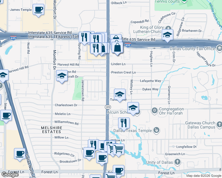 map of restaurants, bars, coffee shops, grocery stores, and more near 900001 Sunlight Drive in Dallas