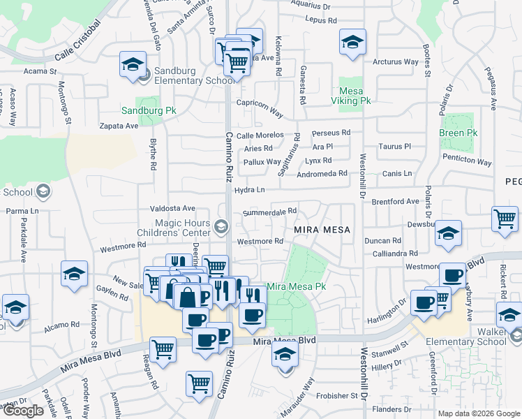 map of restaurants, bars, coffee shops, grocery stores, and more near 8462 Summerdale Road in San Diego