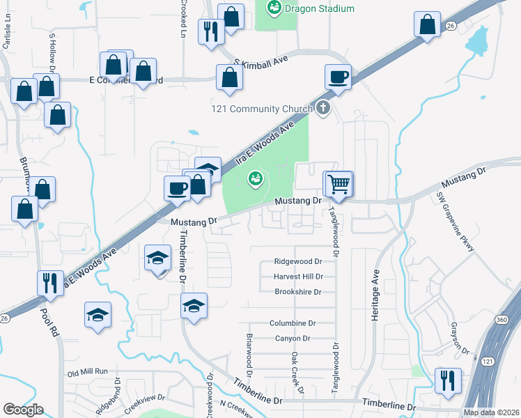map of restaurants, bars, coffee shops, grocery stores, and more near 3049 Mustang Drive in Grapevine