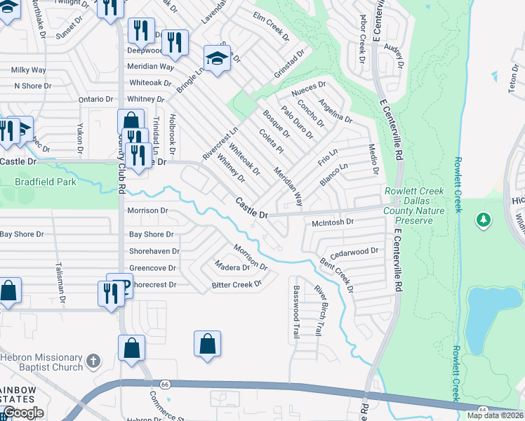 map of restaurants, bars, coffee shops, grocery stores, and more near 1983 Castle Drive in Garland
