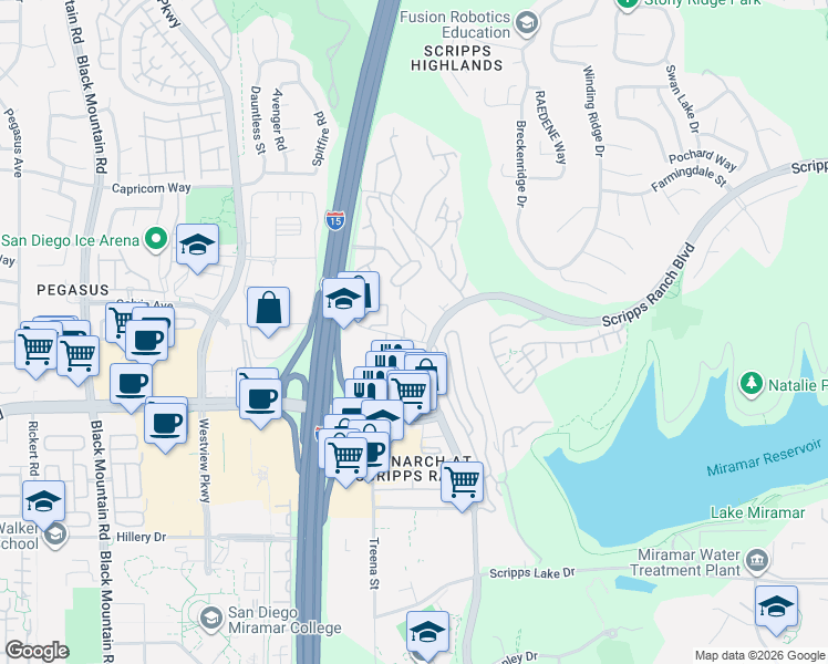 map of restaurants, bars, coffee shops, grocery stores, and more near 9970 Erma Road in San Diego
