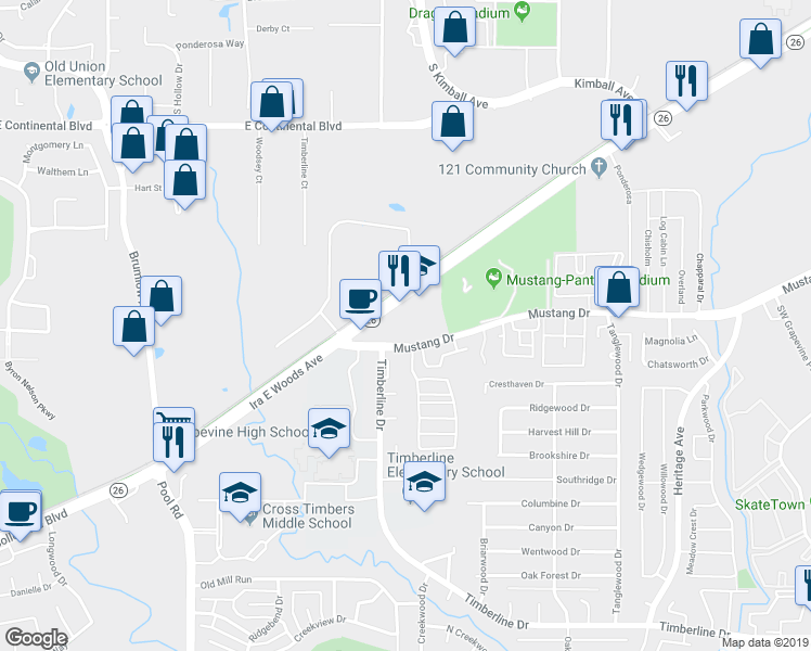 map of restaurants, bars, coffee shops, grocery stores, and more near 3105 Ira East Woods Avenue in Grapevine