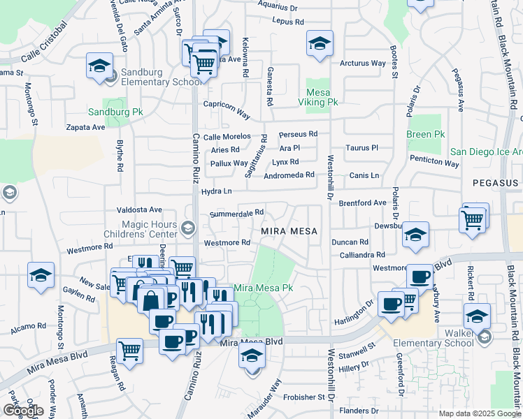 map of restaurants, bars, coffee shops, grocery stores, and more near 8535 Summerdale Road in San Diego