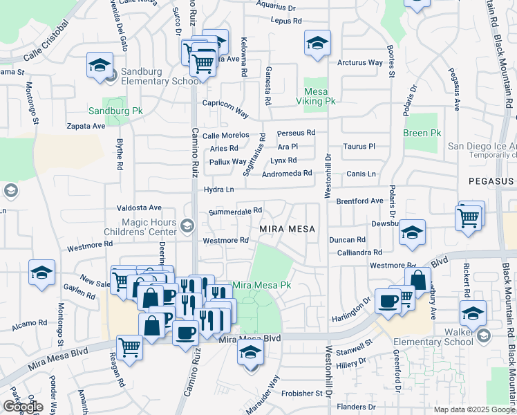 map of restaurants, bars, coffee shops, grocery stores, and more near 8535 Summerdale Road in San Diego