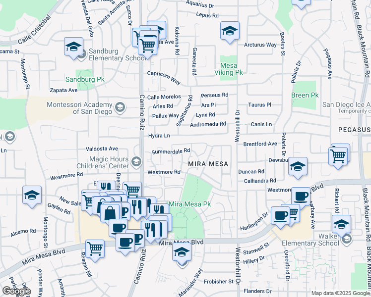 map of restaurants, bars, coffee shops, grocery stores, and more near 8535 Summerdale Road in San Diego