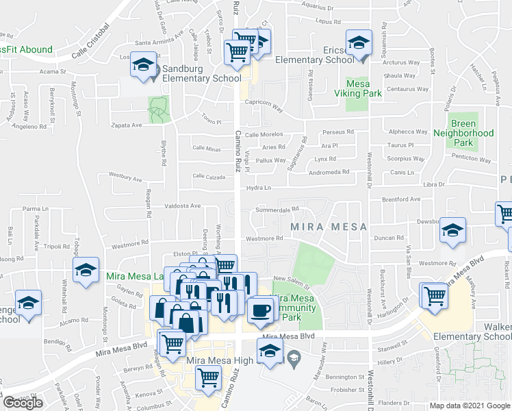 map of restaurants, bars, coffee shops, grocery stores, and more near 8455 Summerdale Road in San Diego