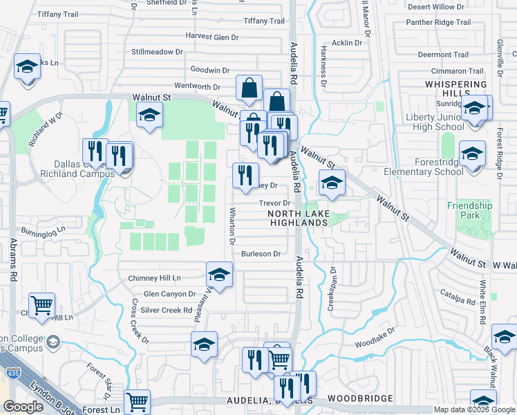 map of restaurants, bars, coffee shops, grocery stores, and more near 9731 Windham Drive in Dallas