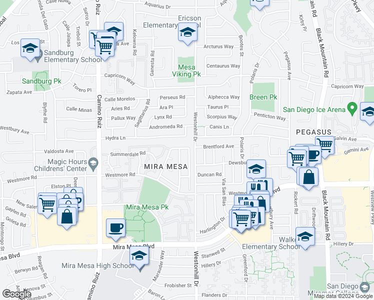 map of restaurants, bars, coffee shops, grocery stores, and more near 10992 Via Abaca in San Diego