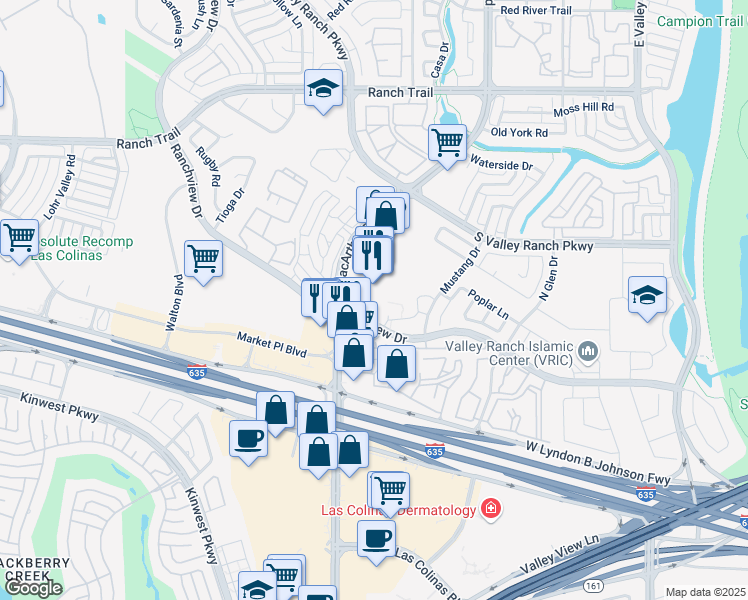 map of restaurants, bars, coffee shops, grocery stores, and more near 8140 North MacArthur Boulevard in Irving