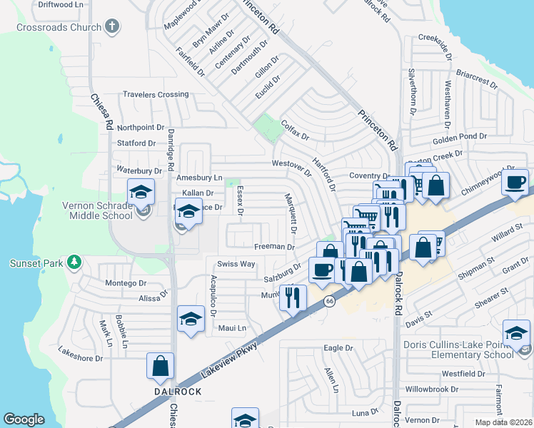map of restaurants, bars, coffee shops, grocery stores, and more near 6601 Valley Forge Drive in Rowlett