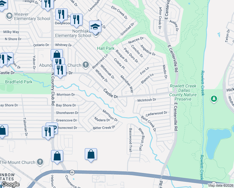 map of restaurants, bars, coffee shops, grocery stores, and more near 602 Thornhill Lane in Garland