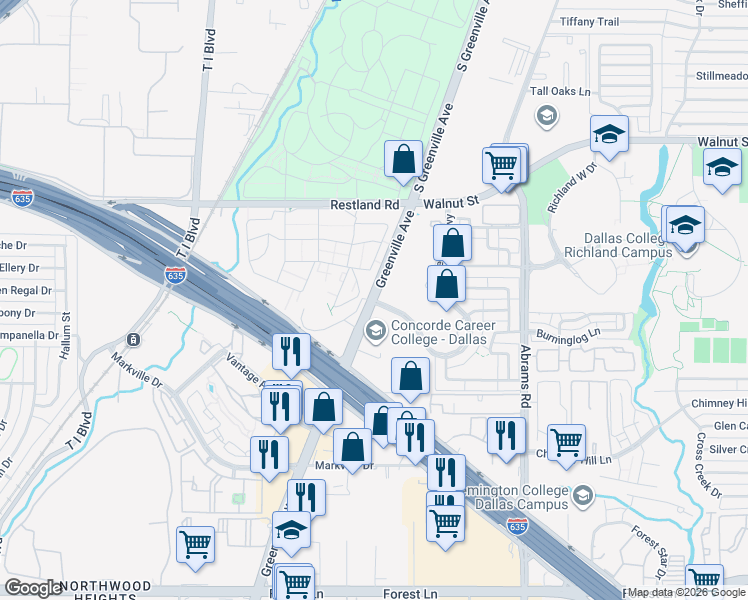 map of restaurants, bars, coffee shops, grocery stores, and more near 19111 Greenville Avenue in Dallas
