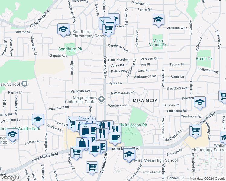 map of restaurants, bars, coffee shops, grocery stores, and more near 8418 Summerdale Road in San Diego