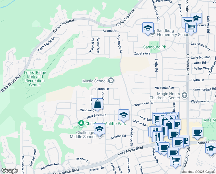 map of restaurants, bars, coffee shops, grocery stores, and more near 7742 Parma Lane in San Diego
