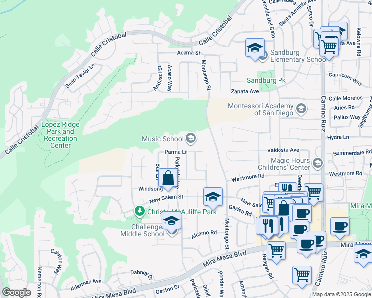 map of restaurants, bars, coffee shops, grocery stores, and more near 7742 Parma Lane in San Diego