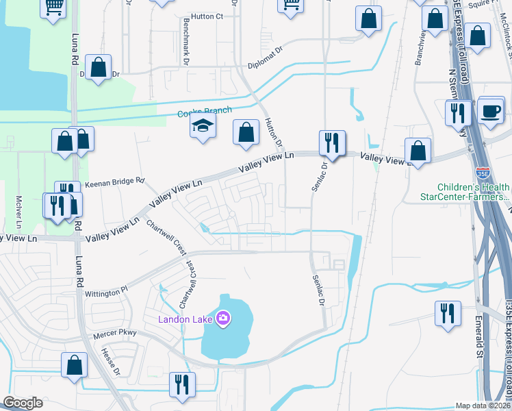 map of restaurants, bars, coffee shops, grocery stores, and more near 12901 Hutton Drive in Farmers Branch
