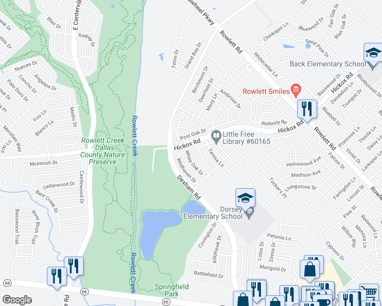 map of restaurants, bars, coffee shops, grocery stores, and more near 6609 White Oak Drive in Rowlett