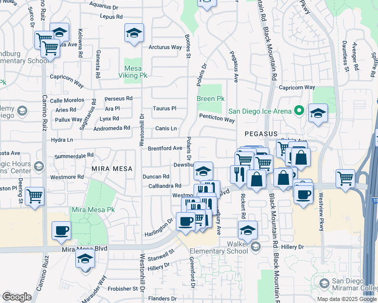 map of restaurants, bars, coffee shops, grocery stores, and more near 10950 Polaris Drive in San Diego