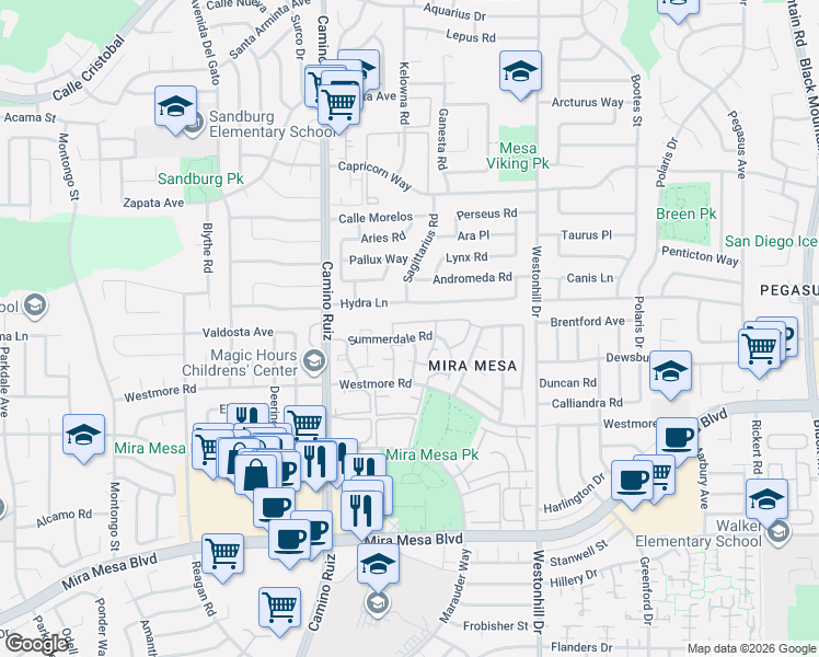 map of restaurants, bars, coffee shops, grocery stores, and more near 8509 Summerdale Road in San Diego