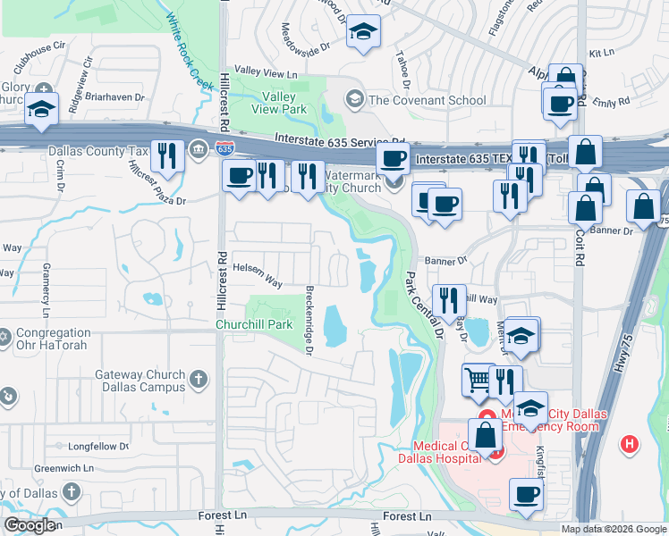 map of restaurants, bars, coffee shops, grocery stores, and more near 7248 Helsem Bend in Dallas