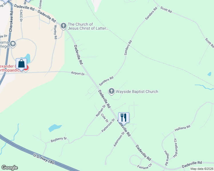 map of restaurants, bars, coffee shops, grocery stores, and more near 2025 Sanders Road in Alexander City