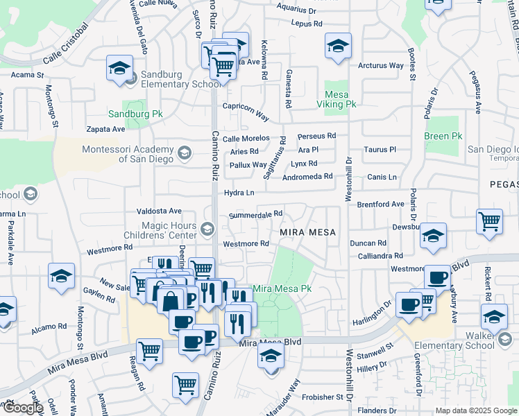map of restaurants, bars, coffee shops, grocery stores, and more near 8509 Summerdale Road in San Diego