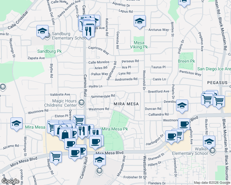 map of restaurants, bars, coffee shops, grocery stores, and more near 8559 Hydra Lane in San Diego