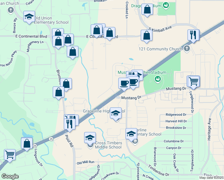 map of restaurants, bars, coffee shops, grocery stores, and more near 1855 Mustang Court in Southlake