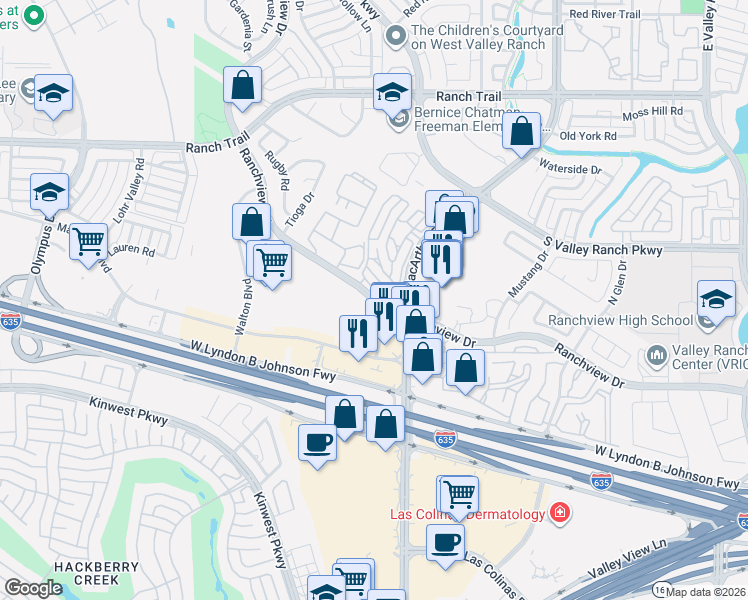 map of restaurants, bars, coffee shops, grocery stores, and more near 8203 Ranchview Drive in Irving