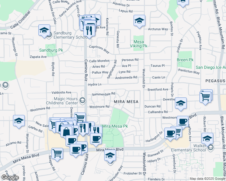 map of restaurants, bars, coffee shops, grocery stores, and more near 8559 Hydra Lane in San Diego