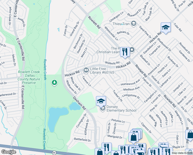 map of restaurants, bars, coffee shops, grocery stores, and more near 1705 Northampton Drive in Rowlett