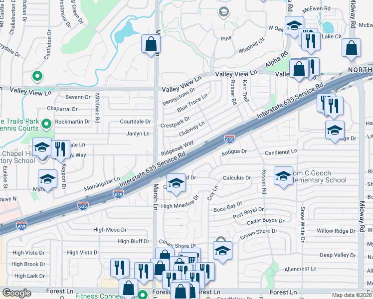 map of restaurants, bars, coffee shops, grocery stores, and more near 3807 Ridgeoak Way in Farmers Branch