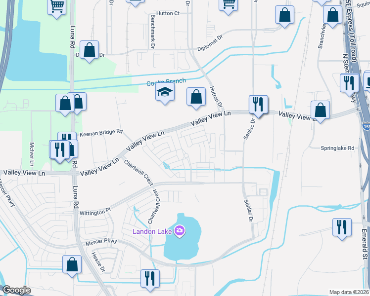 map of restaurants, bars, coffee shops, grocery stores, and more near 1930 Valley View Lane in Farmers Branch