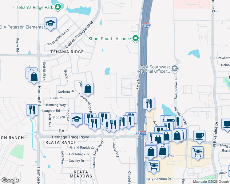 map of restaurants, bars, coffee shops, grocery stores, and more near 10008 Bodega Bay Road in Fort Worth