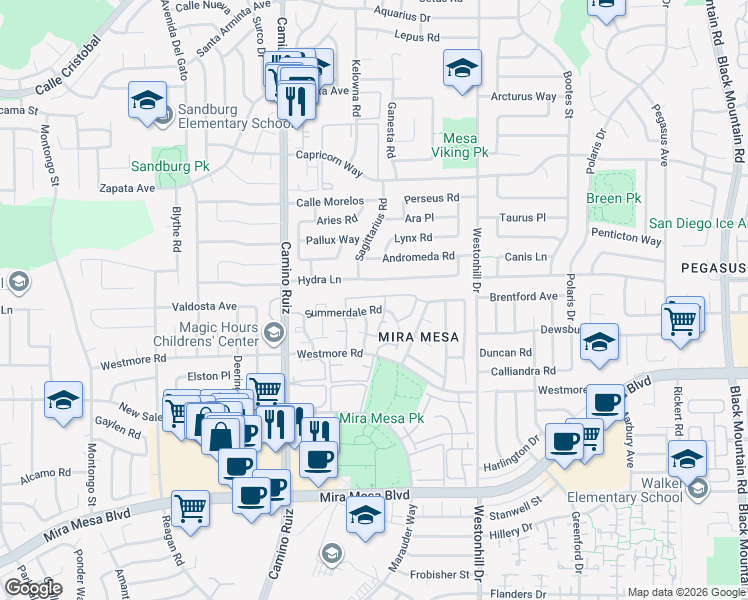 map of restaurants, bars, coffee shops, grocery stores, and more near 8559 Hydra Lane in San Diego