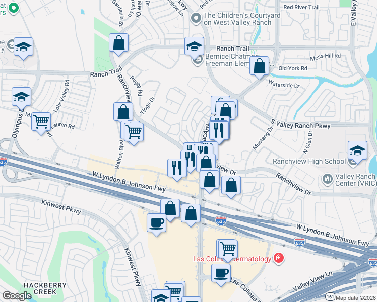 map of restaurants, bars, coffee shops, grocery stores, and more near 8203 Ranchview Drive in Irving