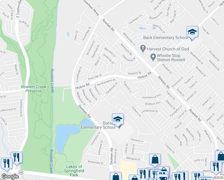 map of restaurants, bars, coffee shops, grocery stores, and more near 1722 Dartbrook Drive in Rowlett