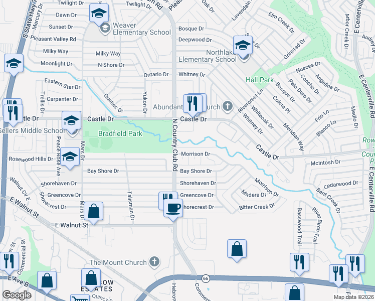 map of restaurants, bars, coffee shops, grocery stores, and more near 1418 Castle Drive in Garland