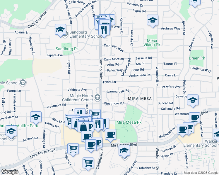 map of restaurants, bars, coffee shops, grocery stores, and more near 8418 Summerdale Road in San Diego