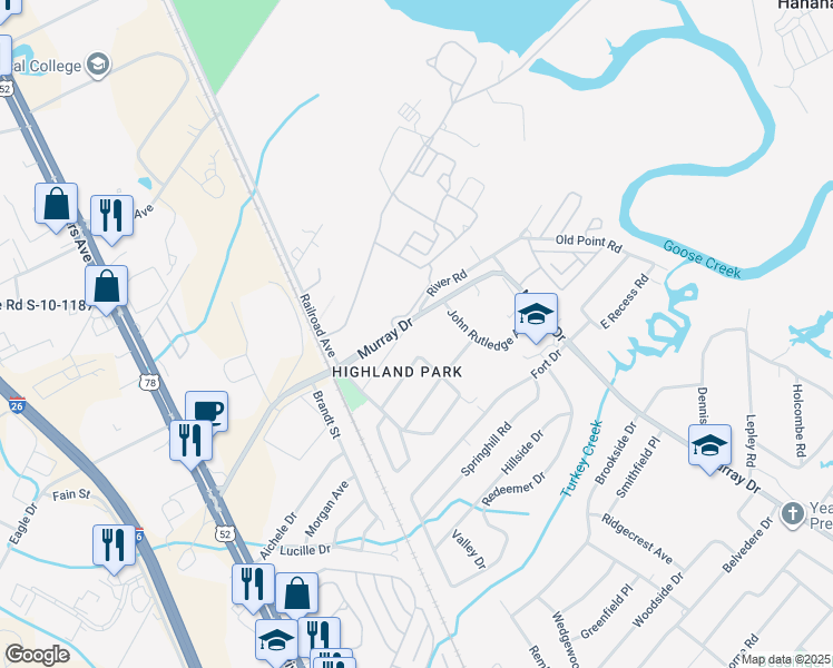 map of restaurants, bars, coffee shops, grocery stores, and more near 1201 Old Murray Court in Hanahan