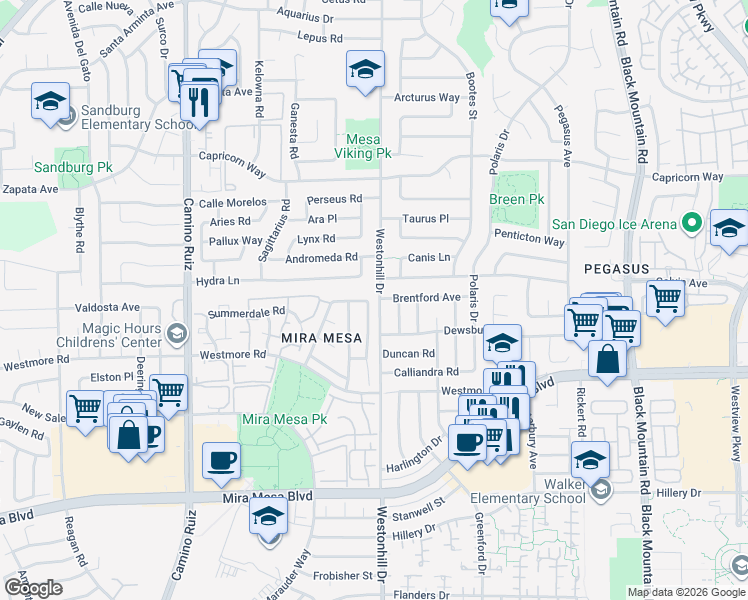 map of restaurants, bars, coffee shops, grocery stores, and more near 10997 Via Abaca in San Diego