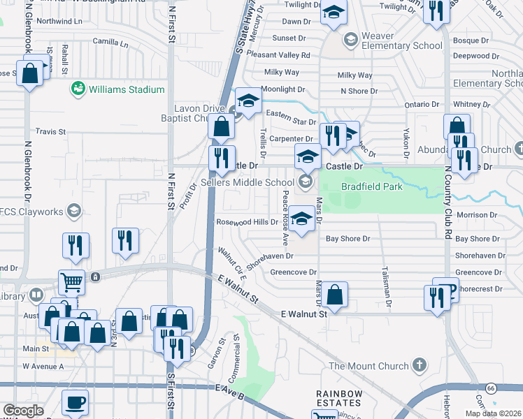 map of restaurants, bars, coffee shops, grocery stores, and more near 903 Trellis Circle in Garland