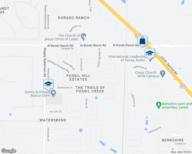 map of restaurants, bars, coffee shops, grocery stores, and more near 404 Iron Ore Trail in Fort Worth