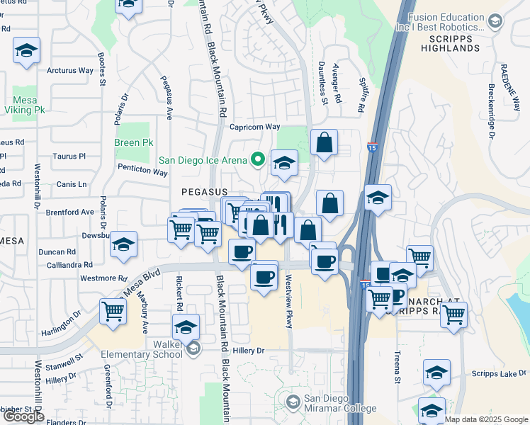map of restaurants, bars, coffee shops, grocery stores, and more near 9548 Galvin Avenue in San Diego