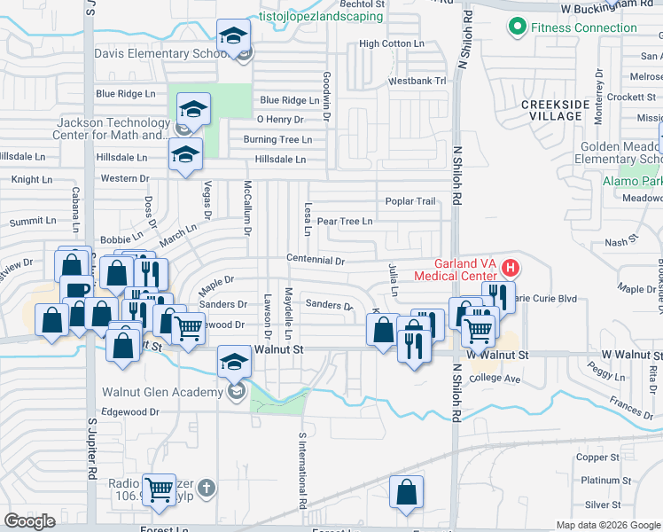 map of restaurants, bars, coffee shops, grocery stores, and more near 902 Lesa Lane in Garland