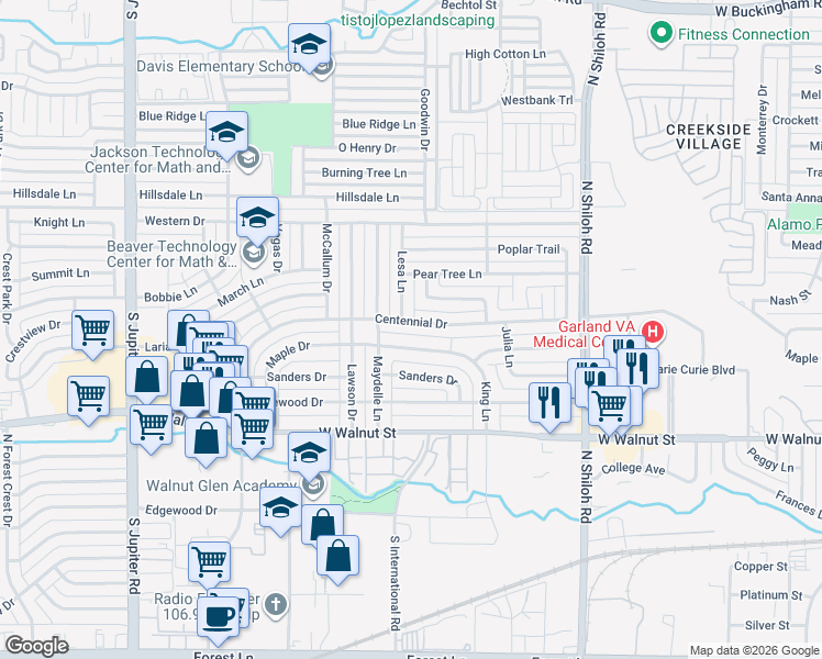 map of restaurants, bars, coffee shops, grocery stores, and more near 902 Lesa Lane in Garland
